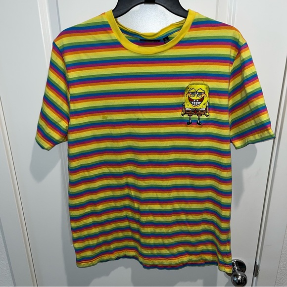 Nickelodeon SpongeBob Striped T-Shirt Adult L Embroidered Colorful short sleeves - Picture 1 of 5